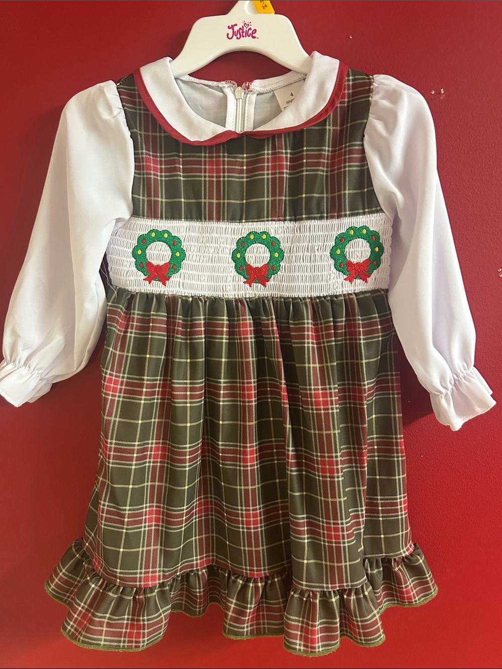 Classic Green Plaid Holiday Smocked Dress with White Puff Sleeves size 4